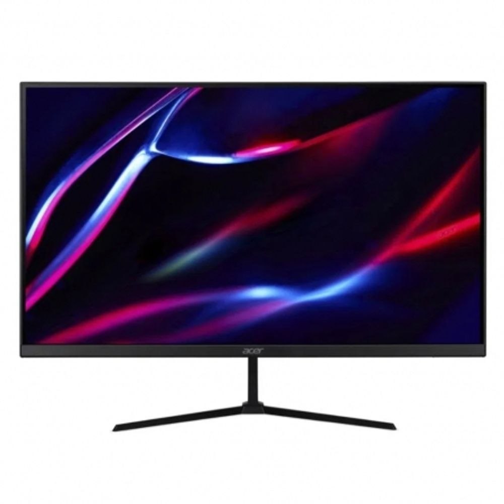 Monitor Gamer Acer Nitro de 23.8 polegadas com tela ligada exibindo fundo abstrato colorido e suporte de base em formato de V