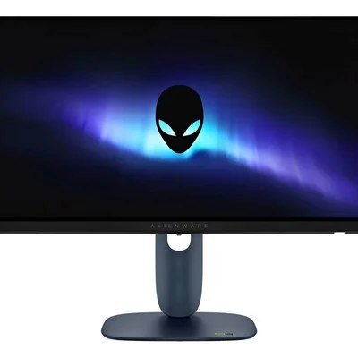 Monitor Gamer Alienware de 25 polegadas com tela ligada exibindo o logotipo da marca e suporte de mesa na cor escura