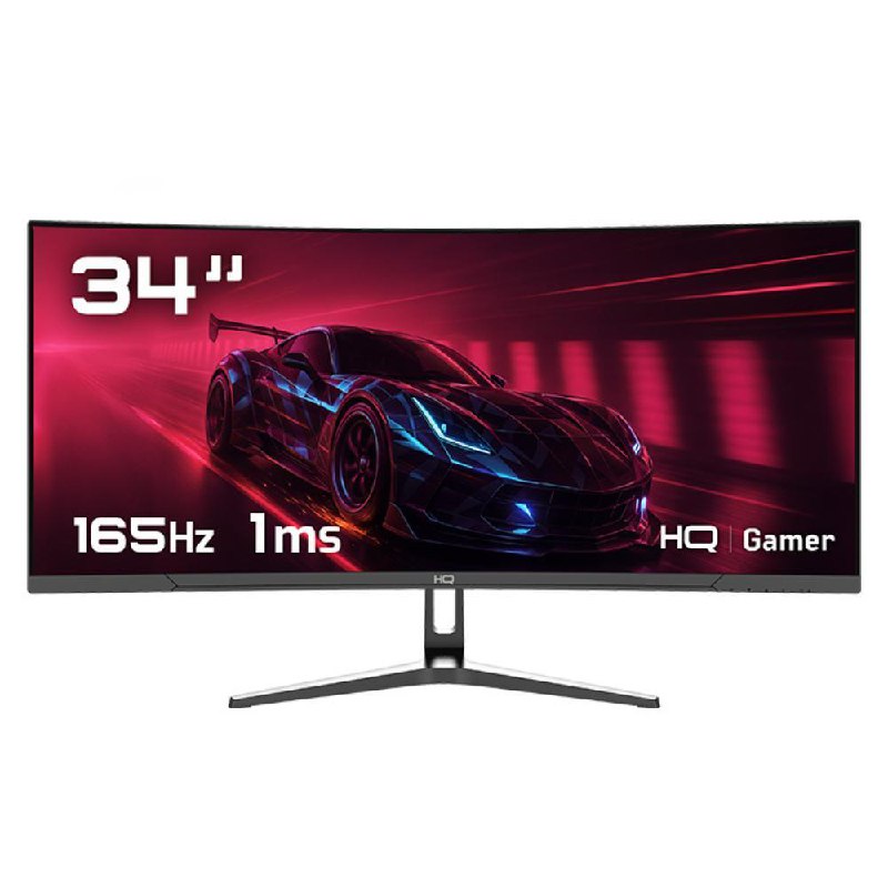 Monitor gamer HQ de 34 polegadas com tela curva, exibindo um carro esportivo em uma pista iluminada por luzes neon vermelhas, com especificações de 165Hz e 1ms na tela.