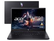 Notebook gamer Acer Nitro V15 na cor preta com logo iluminado na tampa e tela exibindo o logotipo da linha Nitro