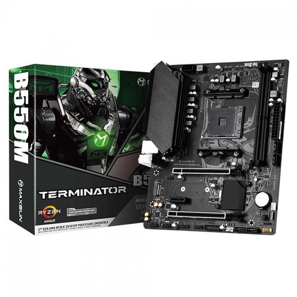 Placa-mãe Maxsun B550M Terminator ao lado de sua caixa com arte temática de robô