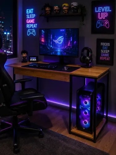 Escrivaninha Gamer Industrial Maxído Brasil com tampo de madeira, estrutura metálica preta, suporte para gabinete e setup gamer completo com iluminação LED roxa.