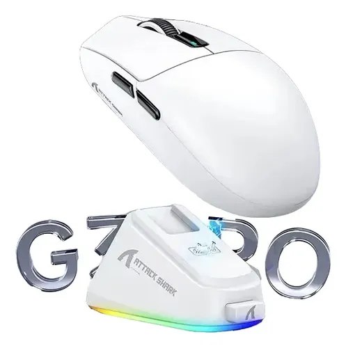 Mouse gamer Attack Shark G3 Pro na cor branca posicionado acima de sua dock de carregamento com iluminação RGB e o nome do modelo ao fundo