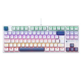 Teclado mecânico gamer Machenike K500B B87 com teclas brancas e azuis, layout ABNT e iluminação RGB visível