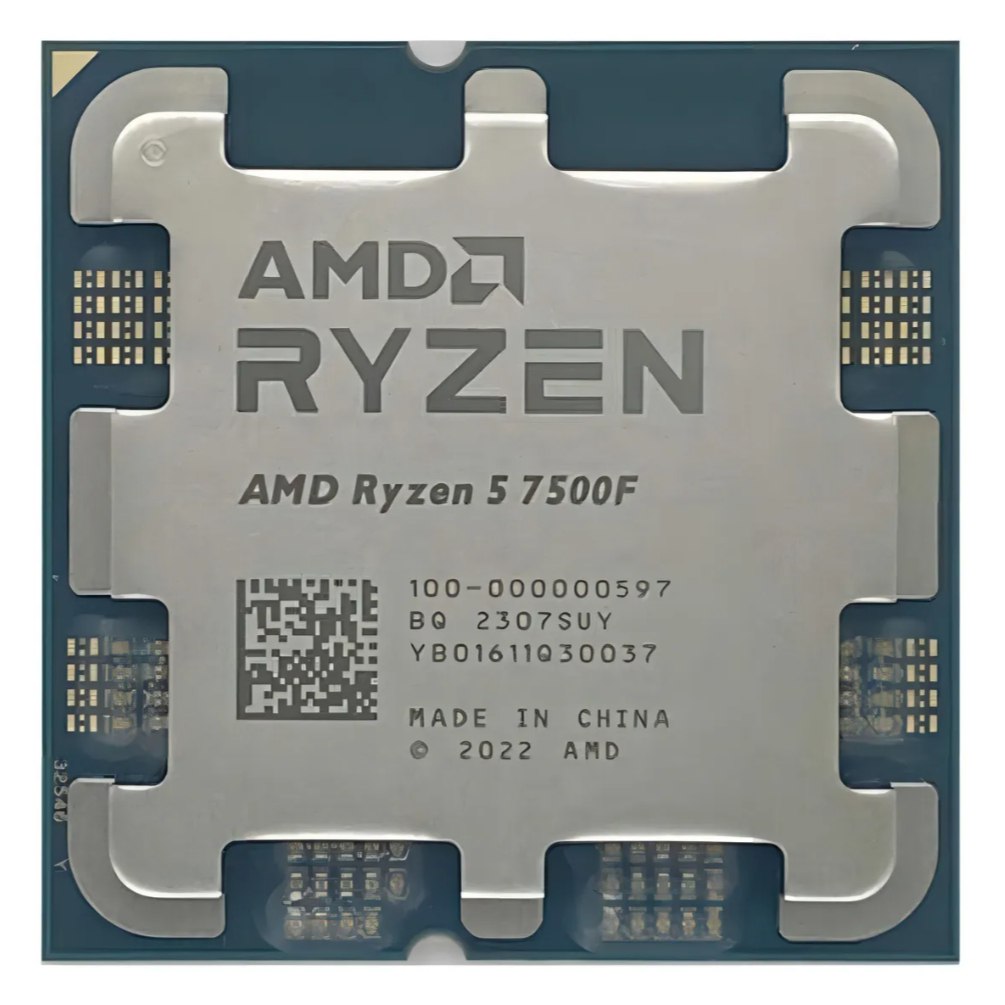 Processador AMD Ryzen 5 7500F com dissipador de calor metálico e marcações de modelo gravadas no topo