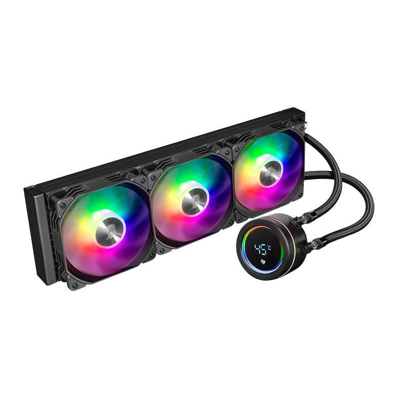 Water Cooler Pichau Aqua 360X preto com radiador de 360mm, três ventoinhas com iluminação ARGB e bloco com display de temperatura digital