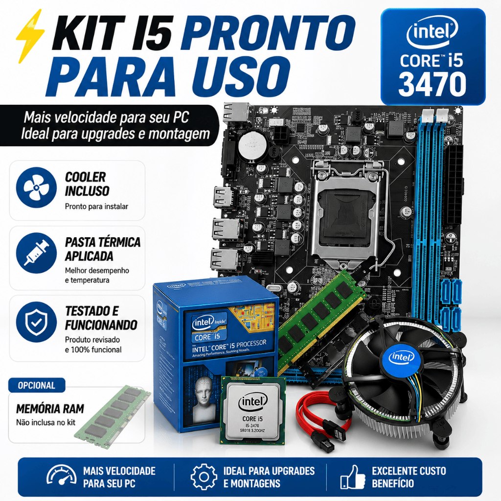 Kit de upgrade contendo processador Intel Core i5 3470, placa-mãe LGA1155, cooler e caixa do processador em fundo branco