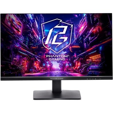 Monitor gamer ASRock Phantom de 27 polegadas com tela ligada exibindo o logotipo da linha Phantom Gaming em um fundo futurista, montado em base preta.