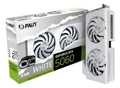 Placa de vídeo Palit NVIDIA RTX 5060 Dual OC 8GB GDDR7 na cor branca, exibida ao lado de sua caixa original.