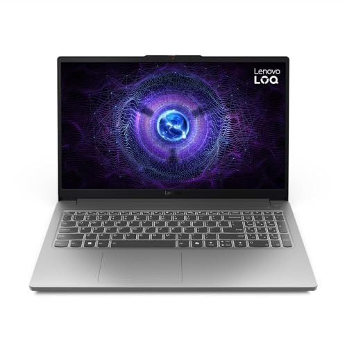 Notebook gamer Lenovo LOQ na cor cinza com teclado iluminado e tela exibindo um gráfico abstrato em tons de roxo e azul