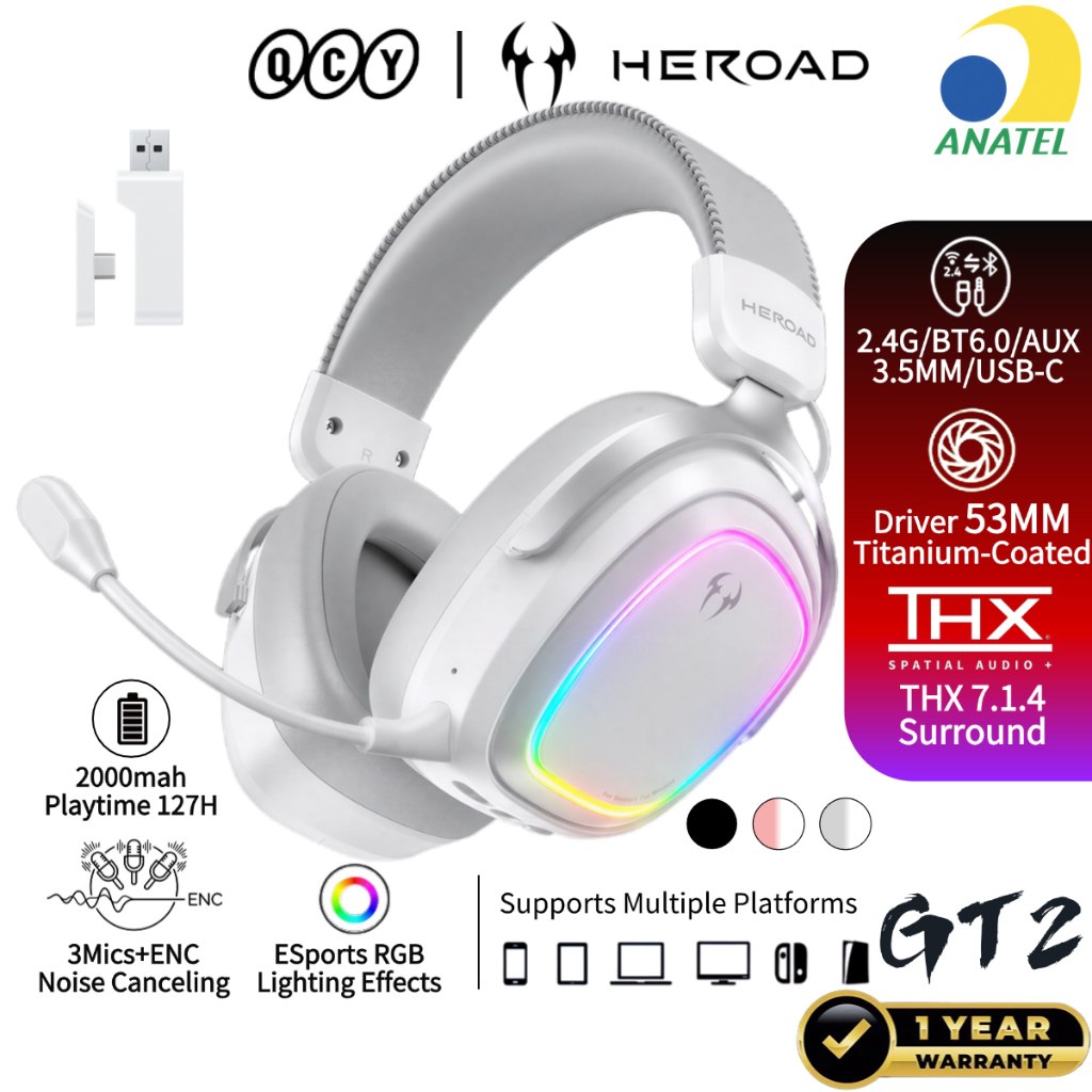 QCY Headset Gamer Sem Fio HEROAD GT2 RGB Bluetooth 6.0 2.4GHz THX 7.1 ENC Mic 127H Bateria PC PS5 Switch
