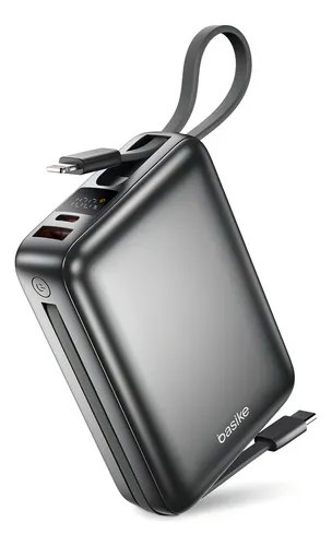 Carregador portátil Power Bank Basike preto de 20000mAh com cabos embutidos Tipo C e Lightning, exibindo display digital e porta USB adicional.