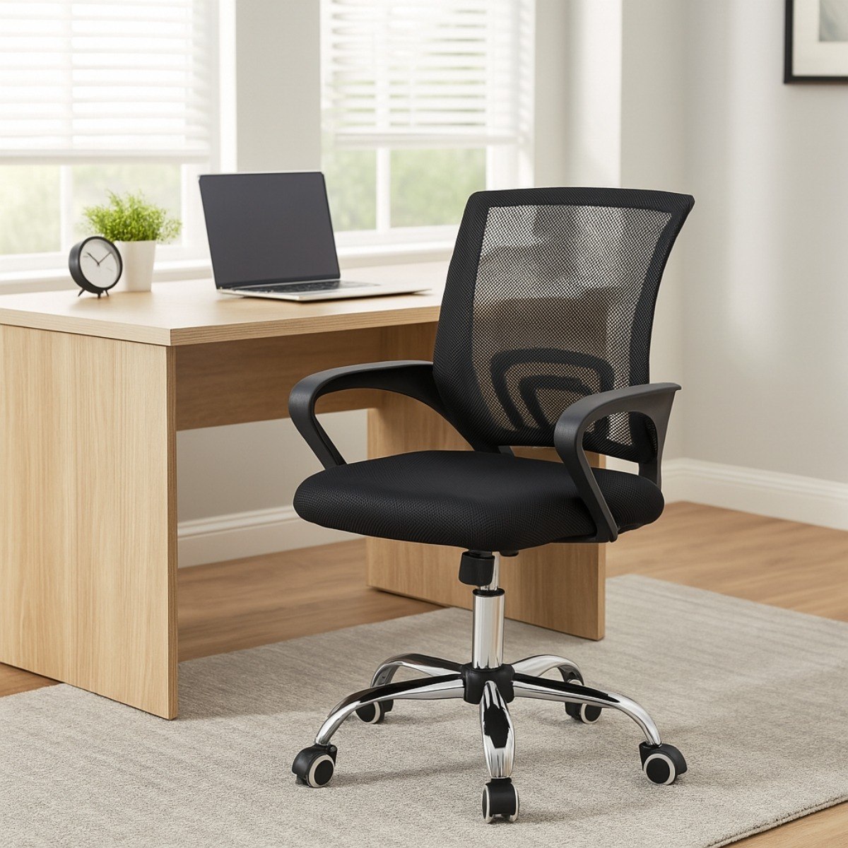 Cadeira de escritório preta com encosto em tela respirável, assento estofado, apoio de braços fixo e base giratória com rodízios, posicionada em um ambiente de home office com mesa de madeira e notebook.