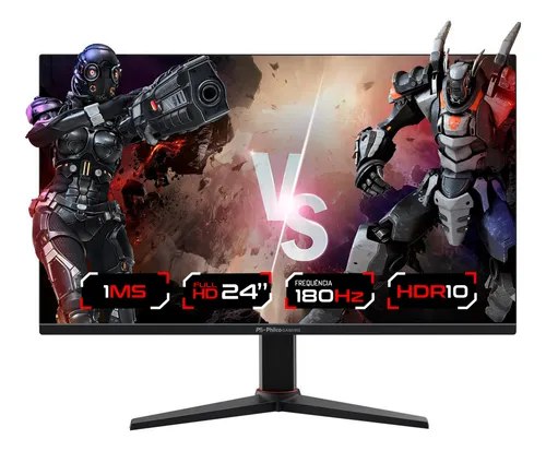 Monitor Gamer Philco 24 polegadas com tela exibindo personagens de jogo, destacando especificações de 1ms, Full HD, 180Hz e HDR10