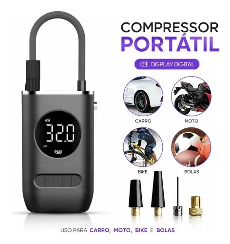Compressor de ar portátil digital na cor preta com mangueira, visor de pressão, quatro bicos adaptadores e ícones ilustrativos de uso em carro, moto, bicicleta e bolas.