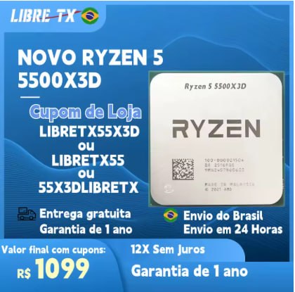 Processador AMD Ryzen 5 5500X3D com a marca e modelo gravados na parte superior metálica, exibido em um fundo azul promocional com informações de cupom e envio.