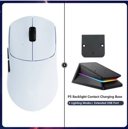 Mouse gamer branco Rapoo VT0 Air Max ao lado de uma base de carregamento preta P5 com iluminação RGB e um adaptador de carregamento
