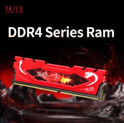 Módulo de memória RAM Jazer DDR4 de 8GB com dissipador de calor vermelho e detalhes em preto sobre fundo escuro com efeito de fogo