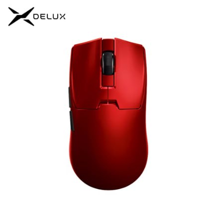 Mouse gamer Delux M800 Mini na cor vermelha visto de cima, exibindo botões laterais e scroll