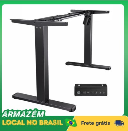 Estrutura metálica preta de mesa com ajuste elétrico de altura, acompanhada de um painel de controle digital com botões de ajuste e memórias.