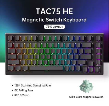 Teclado mecânico gamer AKKO TAC75 HE com layout 75%, iluminação RGB e switch magnético em destaque