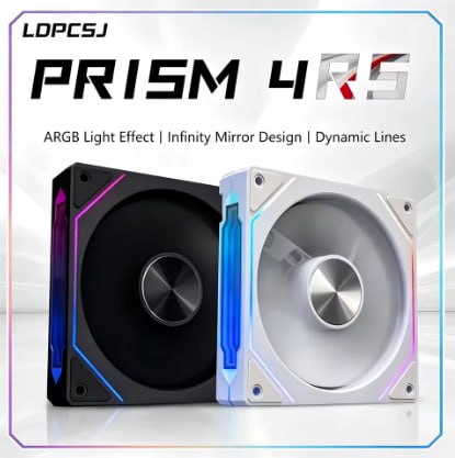 Duas ventoinhas de computador LDPC SJ PRISM 4RS, uma preta e uma branca, exibindo iluminação ARGB nas laterais e design de espelho infinito no centro.