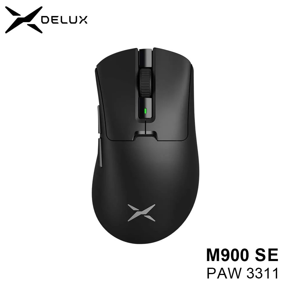 Mouse sem fio Delux M900SE na cor preta, exibindo botões laterais, scroll e o logotipo da marca na parte superior.