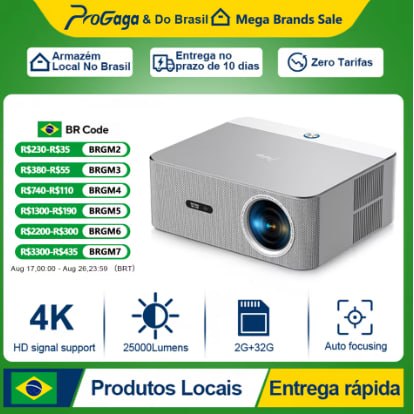 Projetor PROGAGA PG610W de cor cinza e branca, exibindo especificações técnicas como suporte 4K, 25000 lumens, 2GB+32GB de memória e foco automático, com informações de envio local do Brasil.