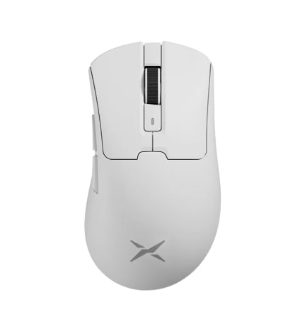 Mouse gamer Delux M900 Pro na cor branca, com scroll preto, botões laterais e logo da marca na base, visto de cima.