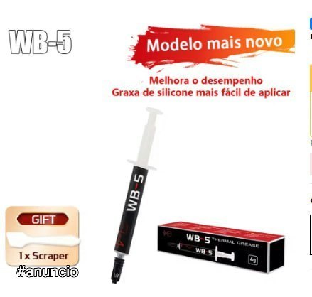 Pasta térmica Wovibo WB-5 em seringa de 4g acompanhada de uma espátula de aplicação e sua caixa de embalagem vermelha e preta.