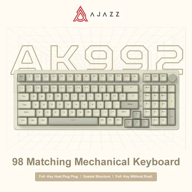Teclado mecânico Ajazz AK992 na cor bege com layout de 98 teclas, iluminação Ice Blue e design retrô visto de cima