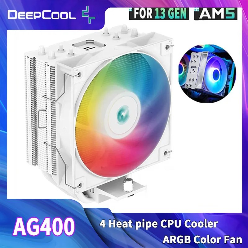 Air Cooler DeepCool AG400 G2 na cor branca com ventoinha iluminada em tons de arco-íris ARGB e dissipador de calor com 4 heat pipes