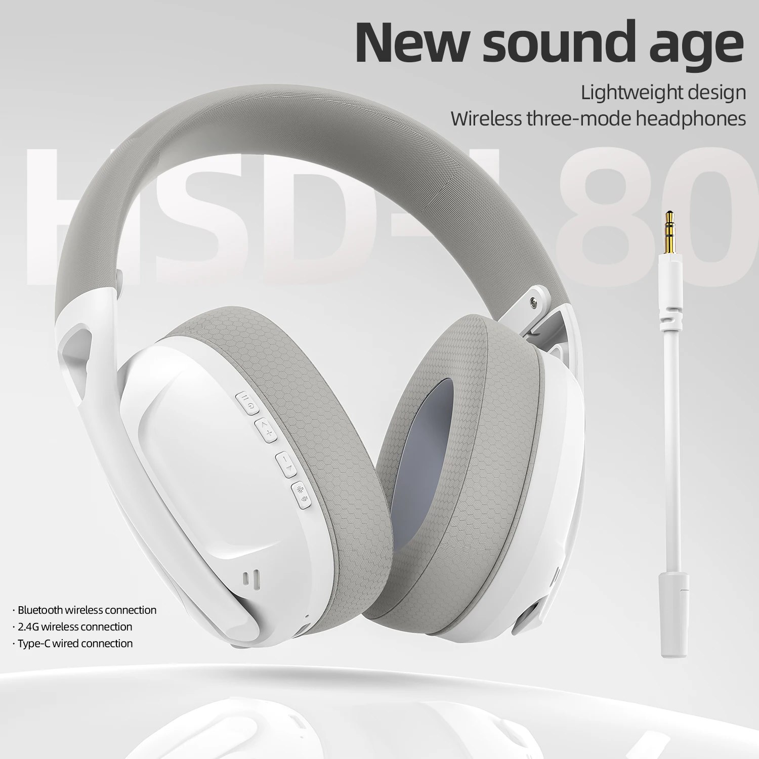 Headset sem fio Smailwolf L80 na cor branca com detalhes em cinza, acompanhado de um cabo de conexão Type-C ao lado.
