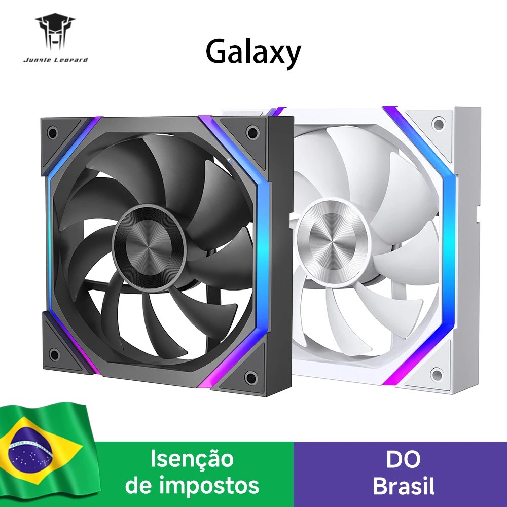Duas ventoinhas Jungle Leopard Galaxy ARGB, uma na cor preta e outra na cor branca, exibidas lado a lado com iluminação LED colorida nas bordas.