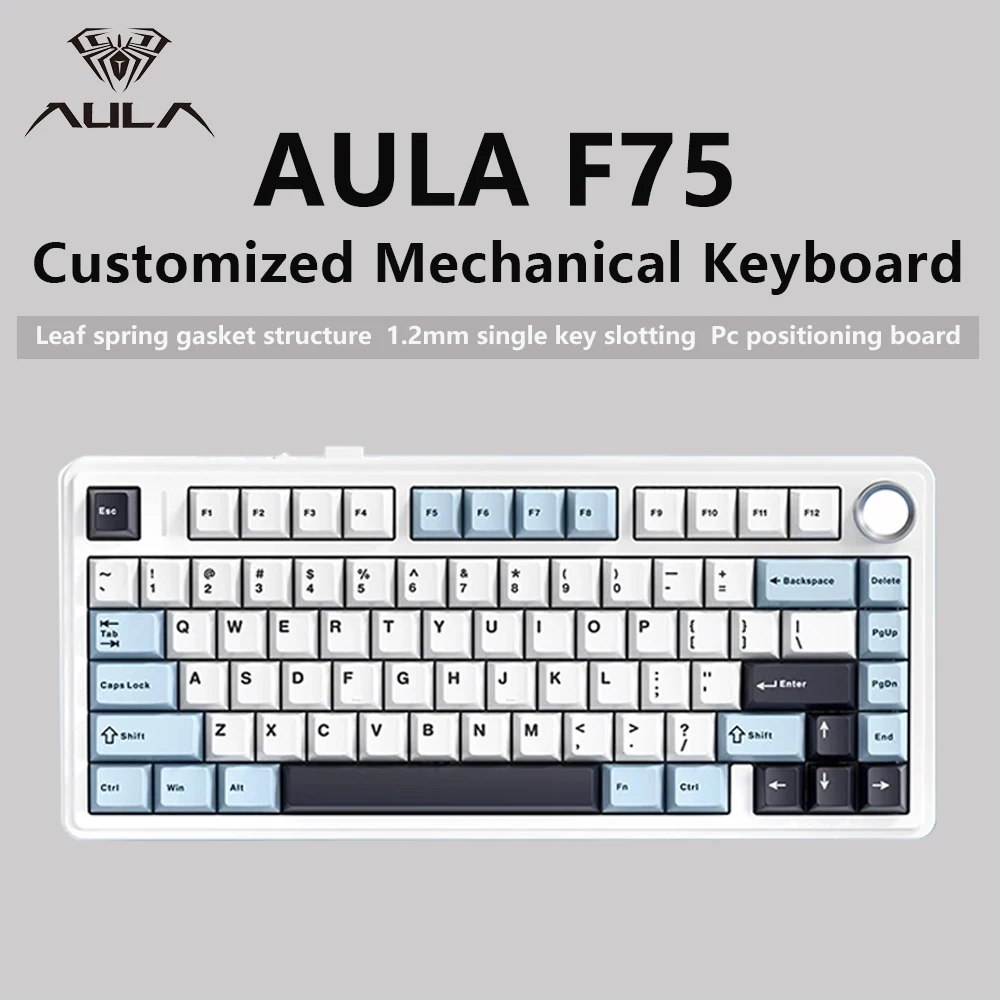 Teclado mecânico Aula F75 na cor branca com detalhes em azul, layout 75% e iluminação RGB