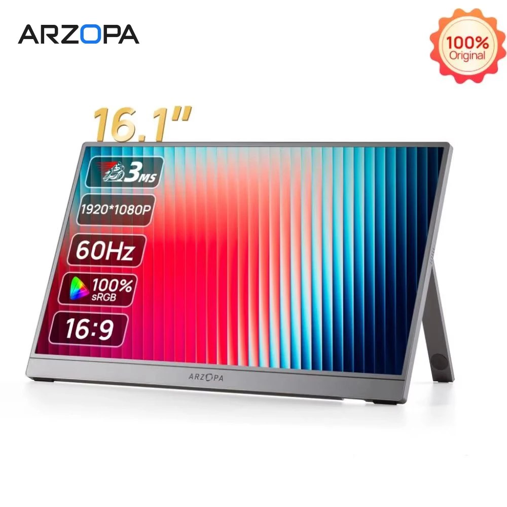 Monitor portátil Arzopa de 16.1 polegadas com tela ligada exibindo gradiente colorido, suporte integrado e especificações técnicas na tela