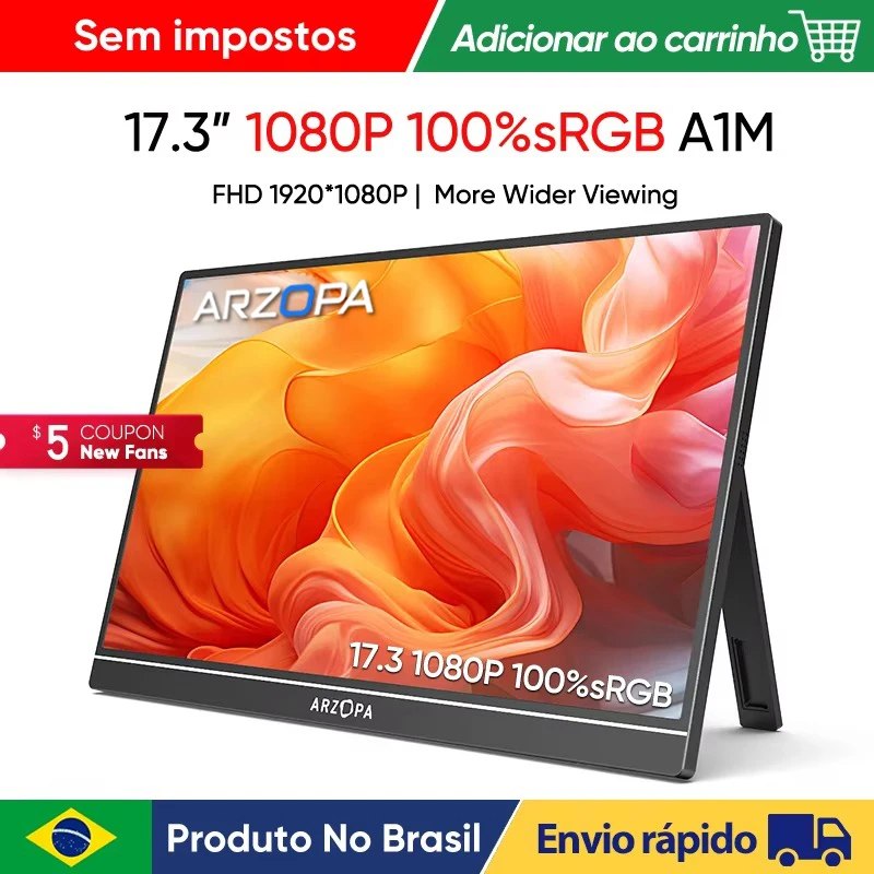 Monitor portátil Arzopa A1M de 17.3 polegadas com tela ligada exibindo arte abstrata colorida e suporte traseiro integrado