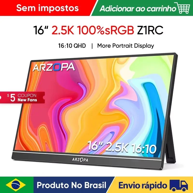 Monitor portátil ARZOPA de 16 polegadas com tela 2.5K e proporção 16:10 exibindo um fundo colorido abstrato, apoiado por um suporte integrado.