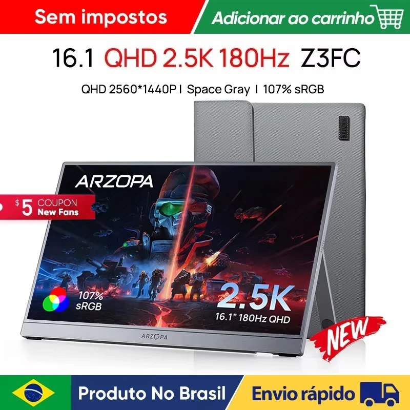Monitor portátil Arzopa Z3FC de 16.1 polegadas com tela ligada exibindo arte de jogo, acompanhado de capa protetora cinza na parte traseira.