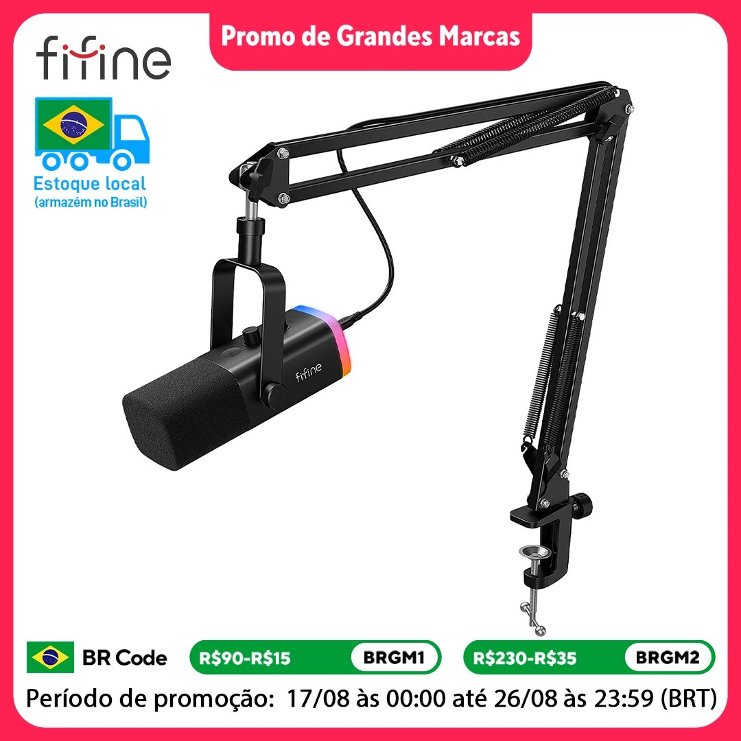 Microfone FIFINE AM8T preto com iluminação RGB, montado em um braço articulado de metal com suporte de mesa