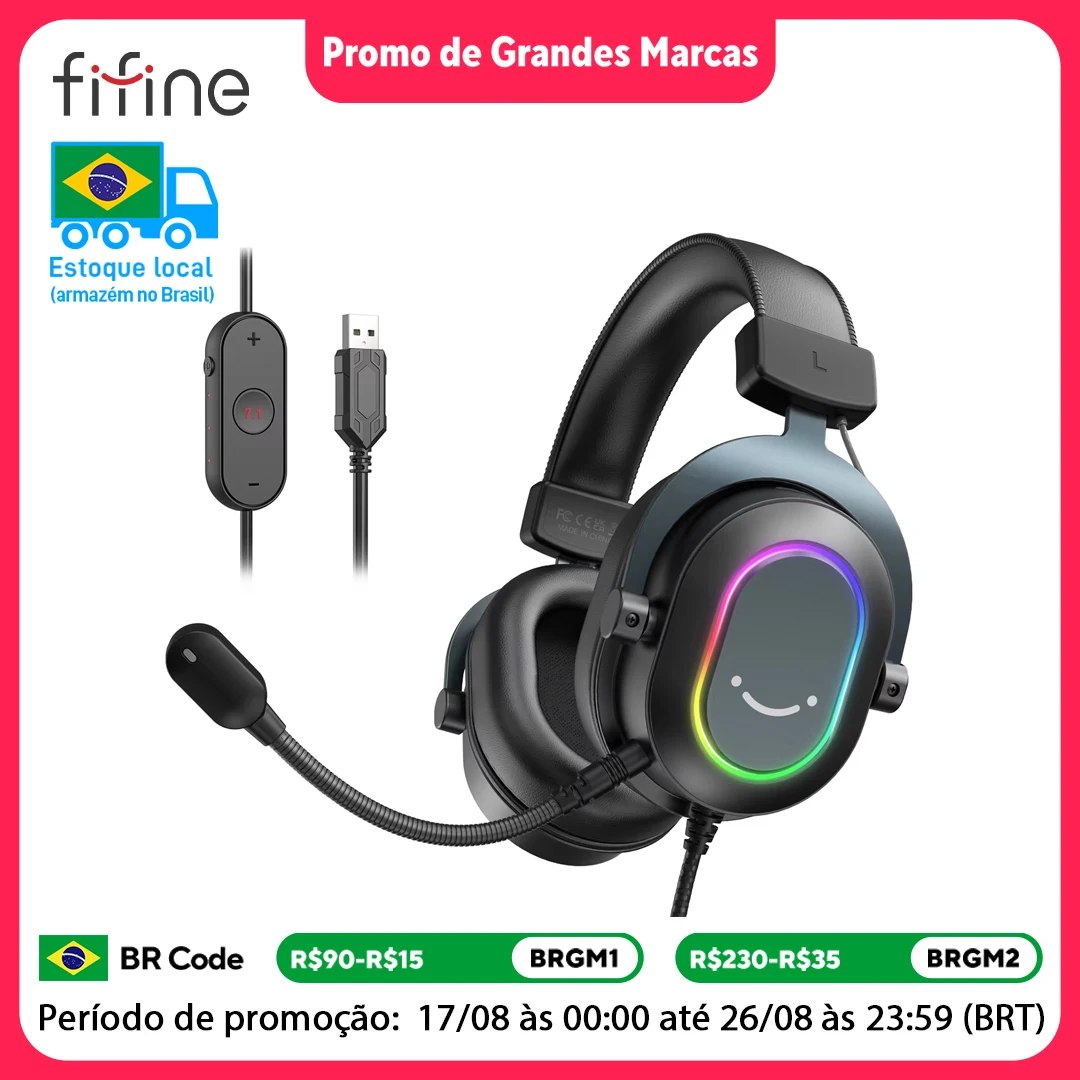 Headset gamer Fifine H6 na cor preta com iluminação RGB nas laterais, microfone flexível, cabo com controle de volume e conector USB, exibido sobre fundo branco com detalhes promocionais.