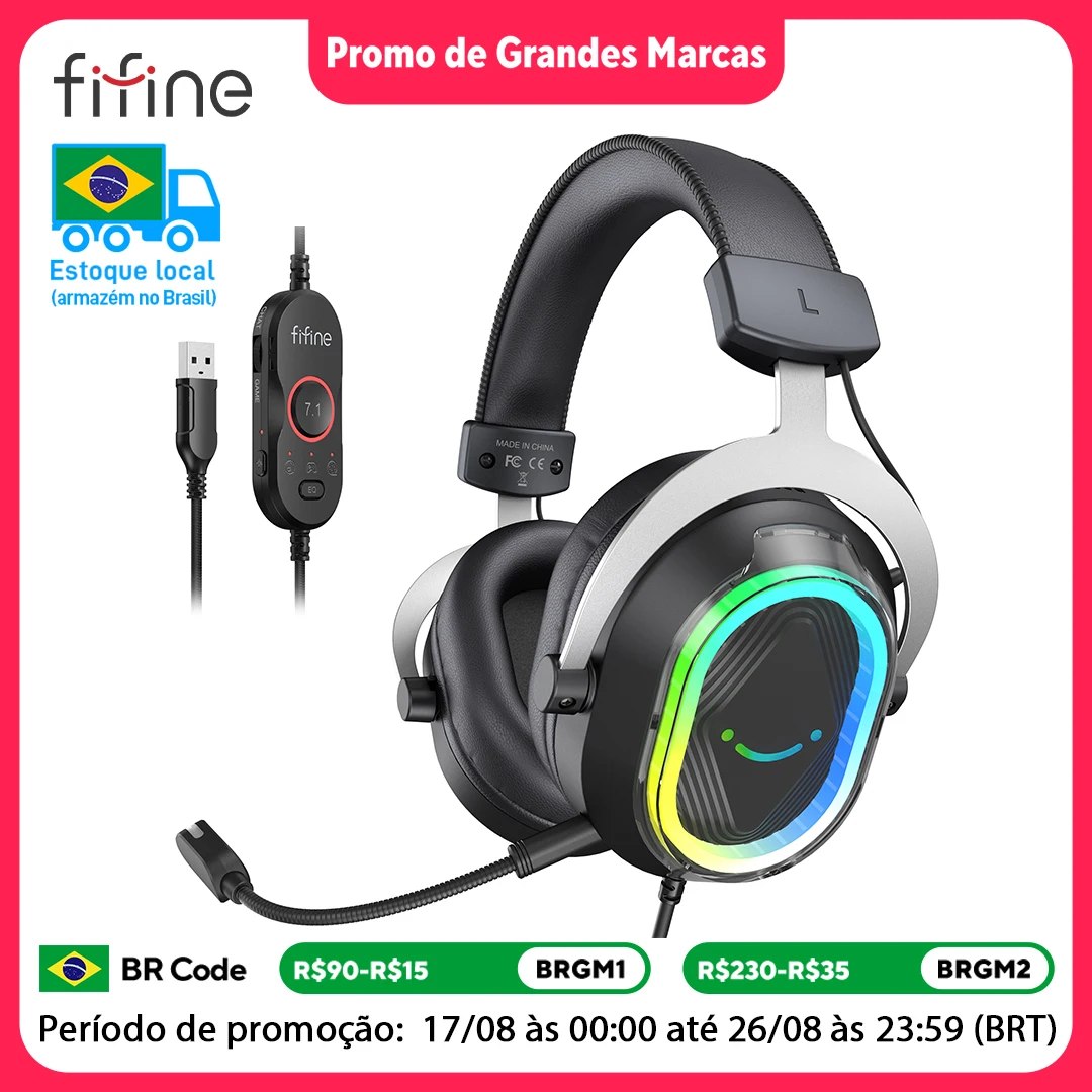 Headset Gamer FIFINE H13 preto com iluminação RGB nas laterais, microfone acoplado e controle de áudio USB com fio