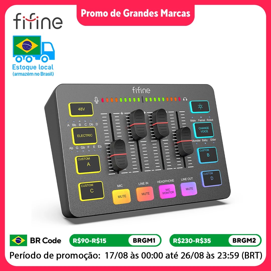 Mixer de áudio USB FIFINE AmpliGame SC3 na cor preta com faders, botões de controle de voz e indicadores LED