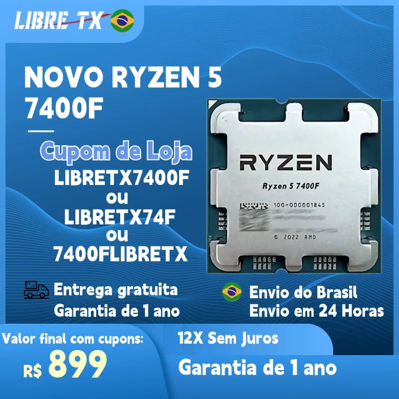 Processador AMD Ryzen 5 7400F com dissipador de calor metálico e marcações de modelo visíveis