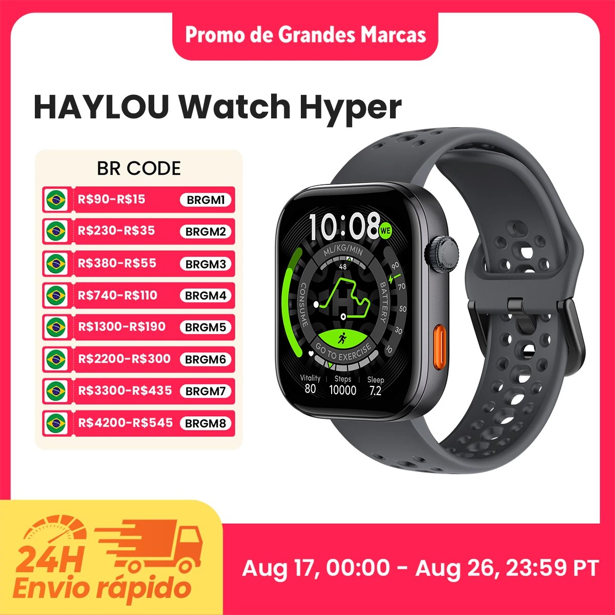 Smartwatch HAYLOU Watch Hyper com tela AMOLED de 1.97 polegadas, pulseira preta perfurada e tabela de códigos promocionais BR ao lado.
