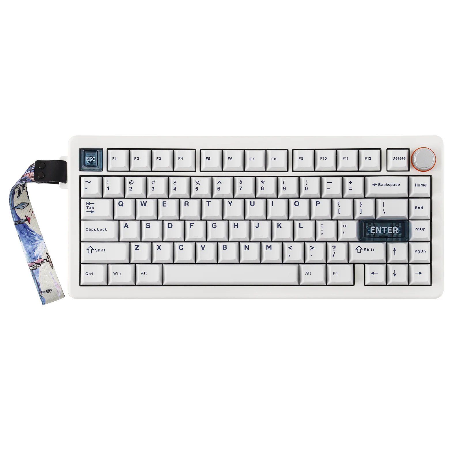 Teclado mecânico sem fio Cidoo QK75 na cor branca, com layout compacto, botão de controle rotativo laranja no canto superior direito e alça de transporte lateral estampada.