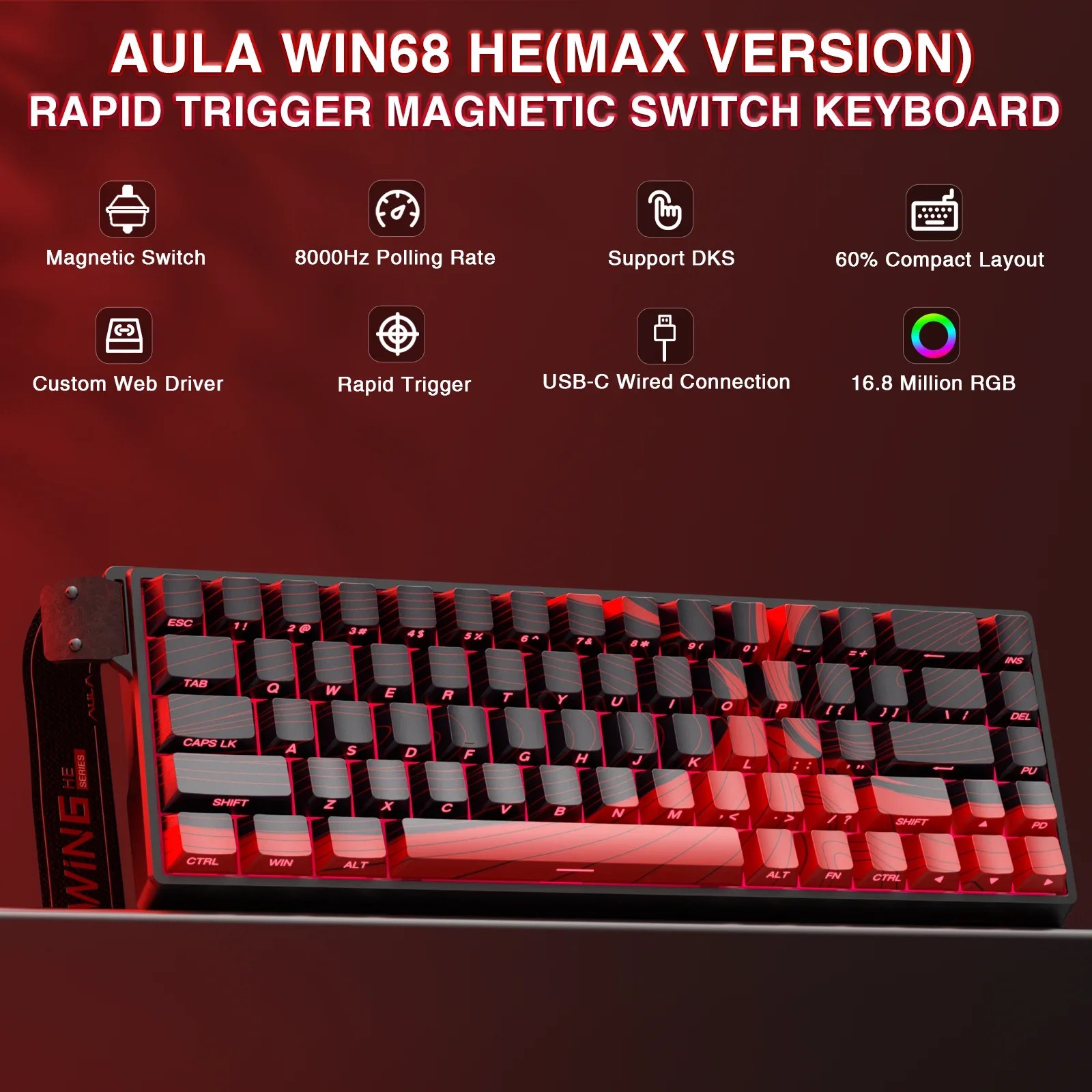 Teclado gamer Aula WIN68 HE Max Version com layout 60%, teclas pretas com detalhes em vermelho e iluminação RGB, exibindo ícones de especificações técnicas acima do produto.