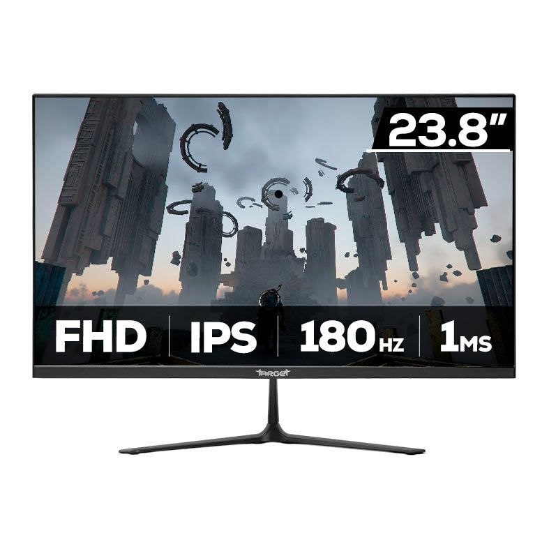 Monitor Gamer TGT Altay TS6 de 23.8 polegadas com tela ligada exibindo cenário de jogo, base de metal fina e especificações técnicas na parte inferior.