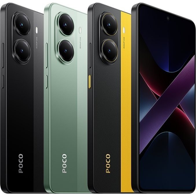 Três smartphones Xiaomi Poco X7 Pro exibidos lado a lado nas cores preto, verde e amarelo, com o quarto aparelho à direita mostrando a tela frontal.