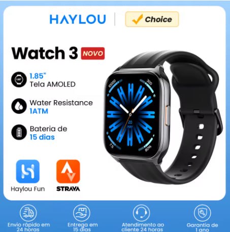 Smartwatch Haylou Watch 3 com pulseira preta, tela AMOLED de 1.85 polegadas exibindo mostrador digital e ícones de recursos ao lado esquerdo